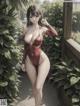 A woman in a red bodysuit standing in a garden.